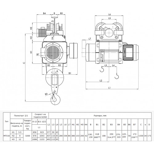 Тельфер МТ 516 H5,5 V1 2/1 EN Балканско Ехо ЕООД г/п 3,2 в/п 5,5